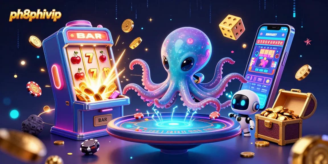 Engage with ph8phivip's colorful casino adventure featuring an alien octopus playing poker amid a jackpot explosion.
