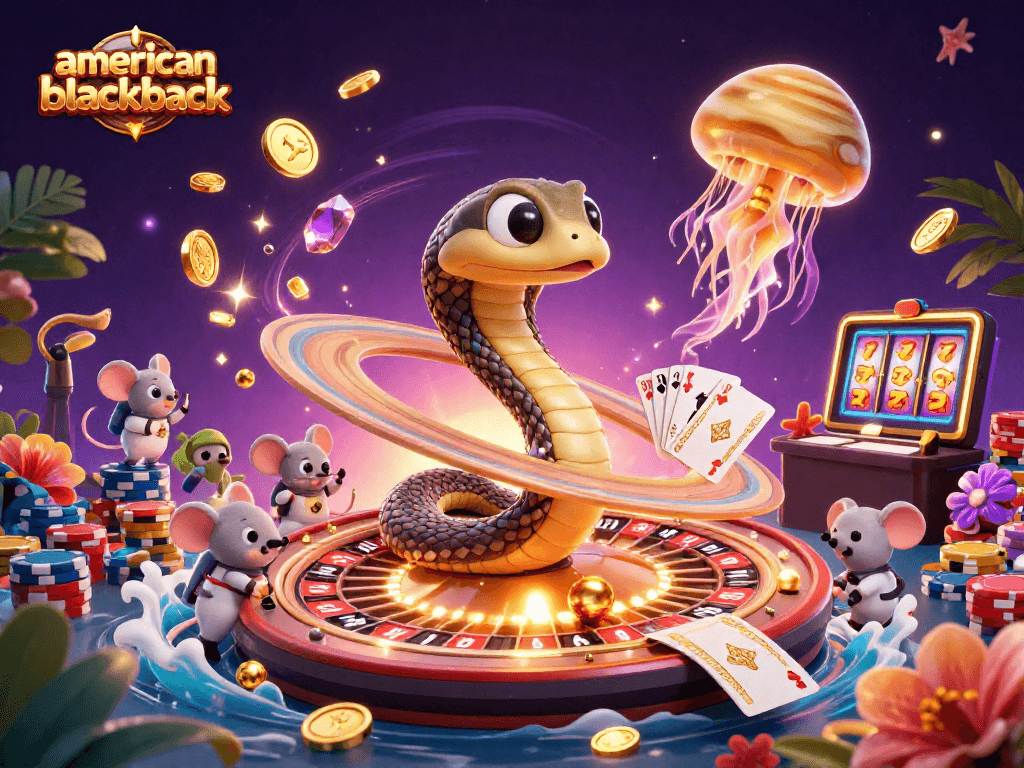 Experience the excitement of american-blackjack in this vibrant casino scene with cosmic elements.