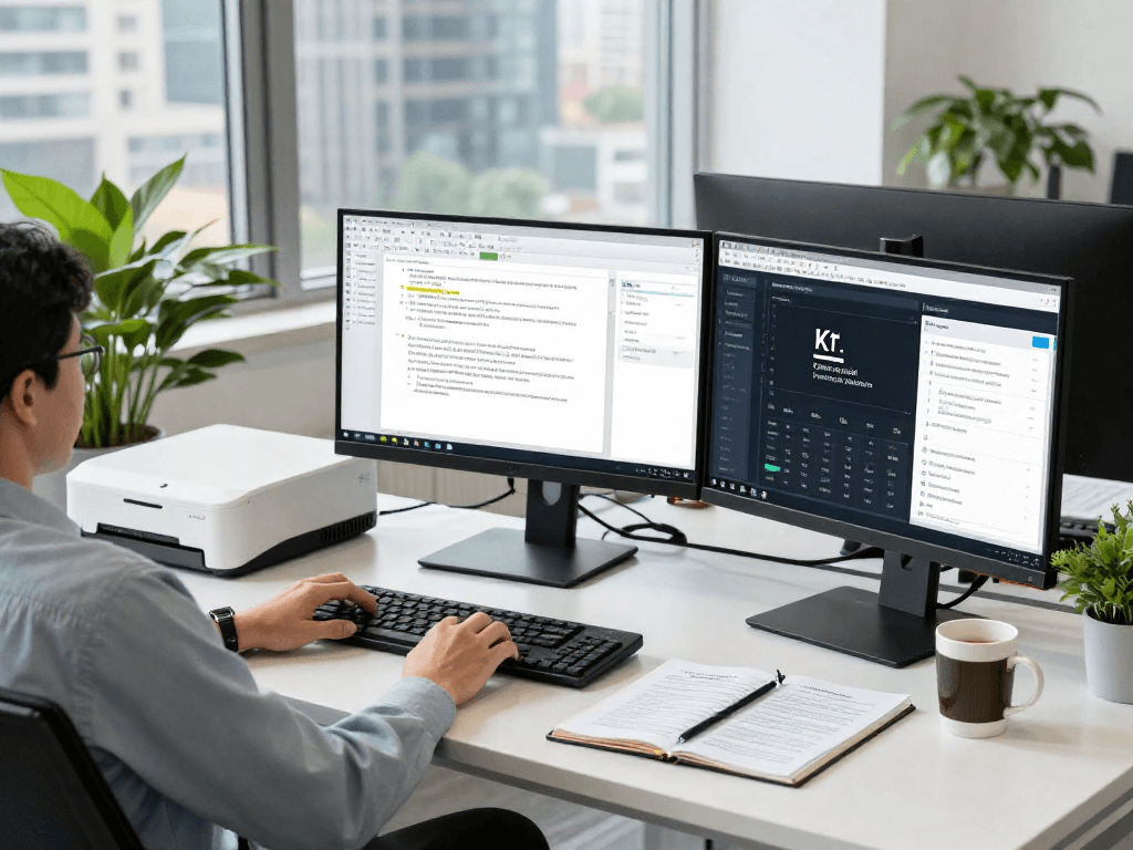 Compliance analyst performing document fraud detection in a modern office environment, showcasing forensic analysis software and risk assessment.
