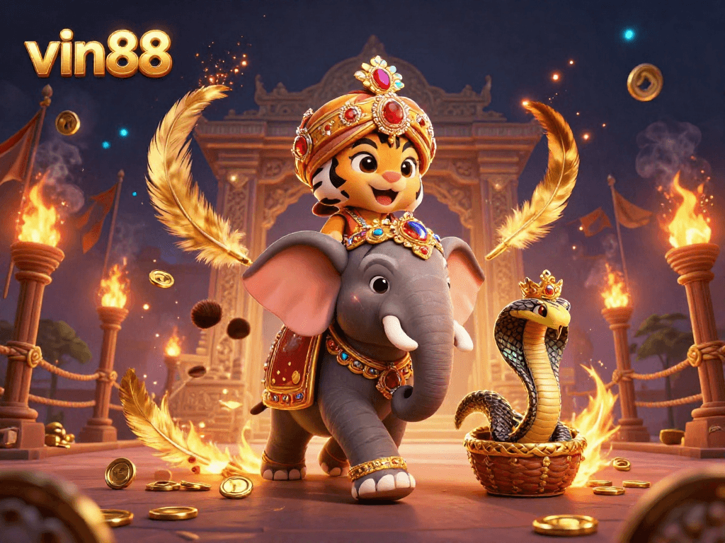 Experience vin88's thrilling gaming adventure with a majestic maharaja, elephant, and cobra!