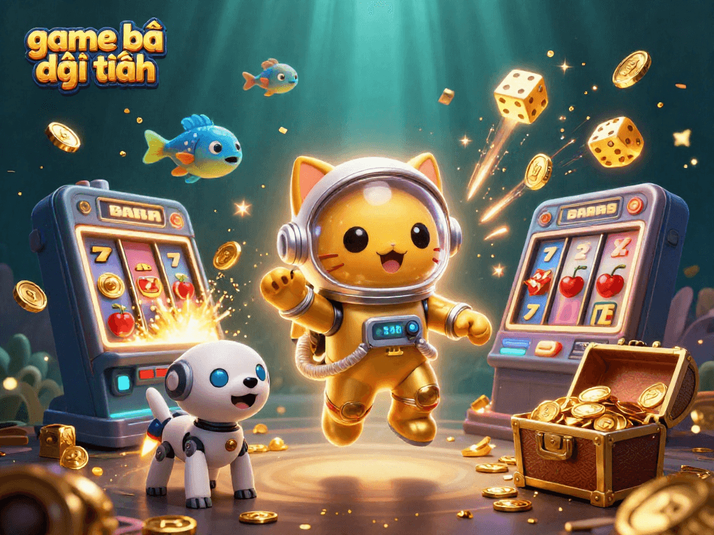 Engage with game bài đổi thưởng in this vibrant 3D scene of a space cat and robot dog amidst a slot machine jackpot explosion.
