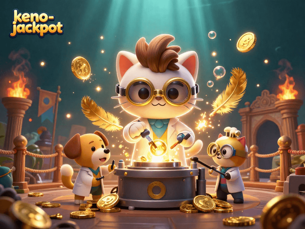 Experience the thrill of keno-jackpot with a cartoon scientist and dog amidst a vibrant casino scene.