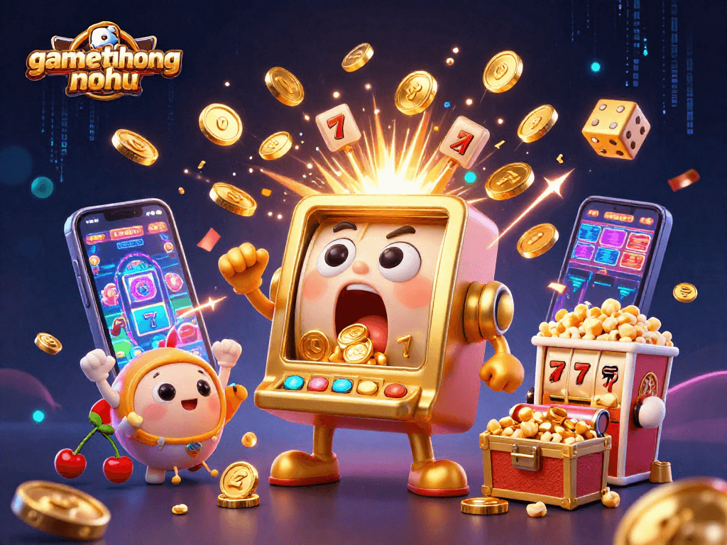 Experience the excitement of gamethuongnohu as a golden slot machine hits jackpot, coins exploding everywhere!