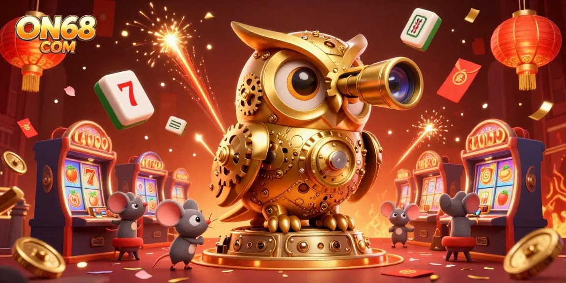 Engage with ON68 COM in a vibrant casino scene featuring clockwork owl and dynamic slot action.