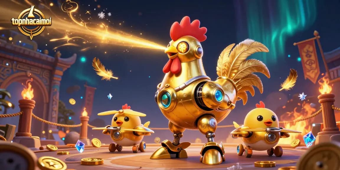 topnhacaimoi showcases an energetic casino scene with a futuristic golden rooster robot and chick drones.