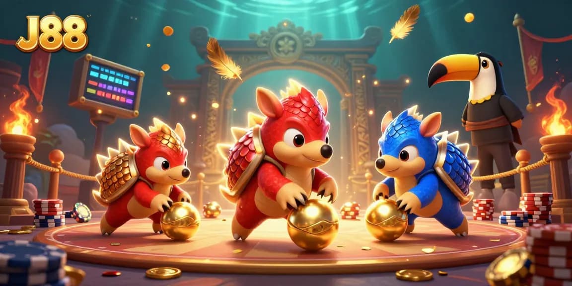 J88 rival pangolins compete in a vibrant casino showdown amidst golden chips and confetti.