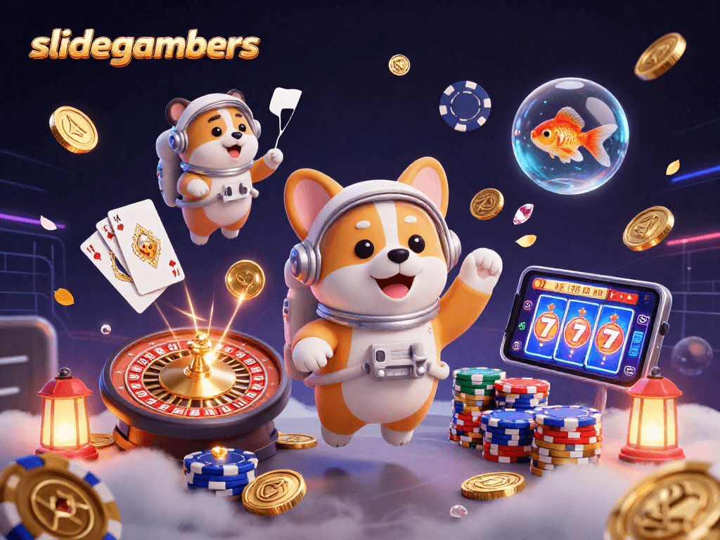 Experience thrilling moments with slidegamers as the astronaut corgi interacts in a floating casino.
