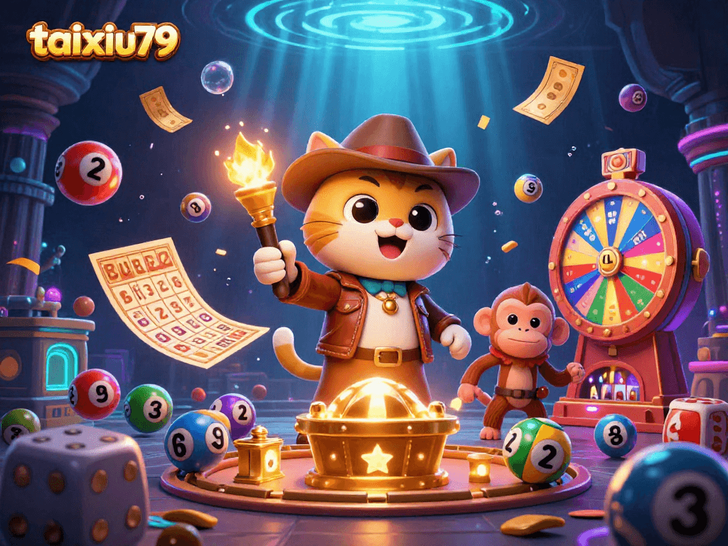 Experience the thrill of taixiu79 as an archaeologist cat discovers treasures surrounded by dynamic lottery elements.
