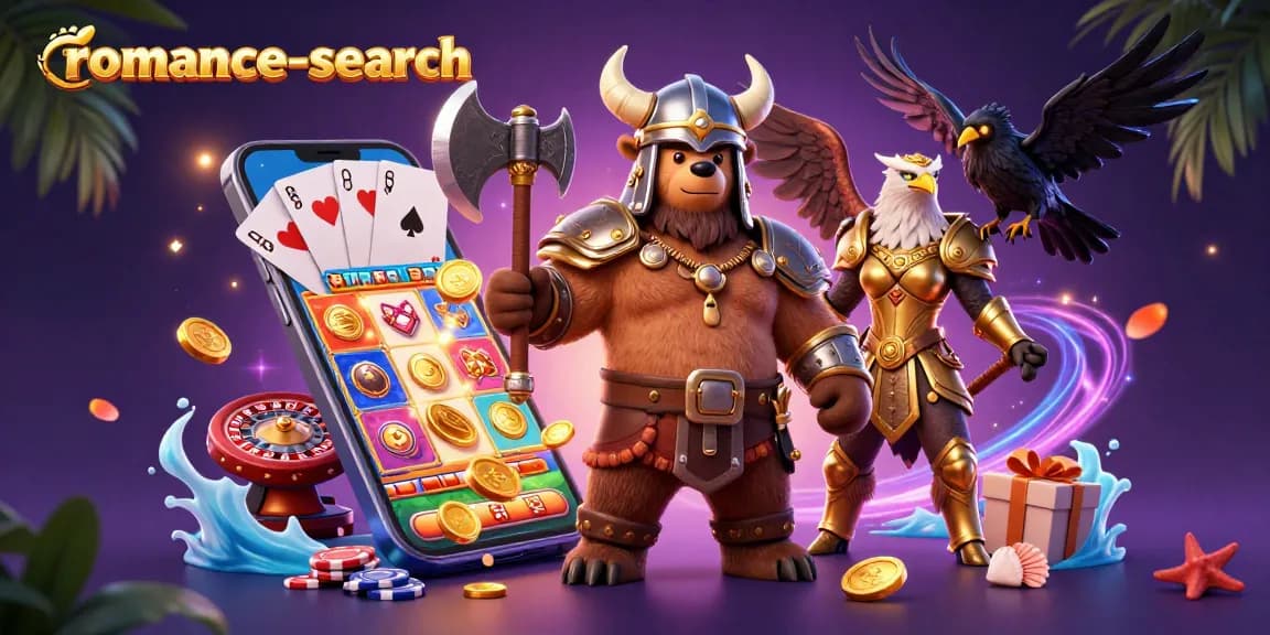 Engage in slots action with romance-search through a dynamic Viking bear and Valkyrie eagle gaming illustration featuring spinning reels.
