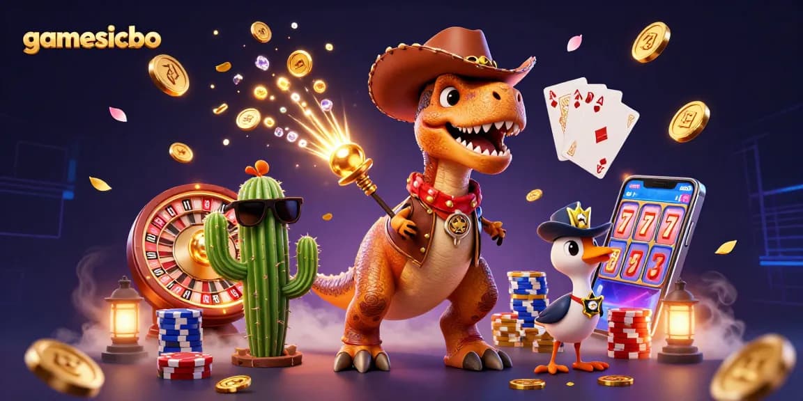 Experience gamesicbo excitement with a vibrant 3D casino scene featuring a dinosaur, cactus, and roadrunner amidst dynamic game elements.