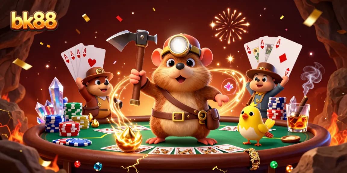 Engage with bk88's thrilling casino experience, showcasing treasure hunter characters amidst poker action and sparkling gems.