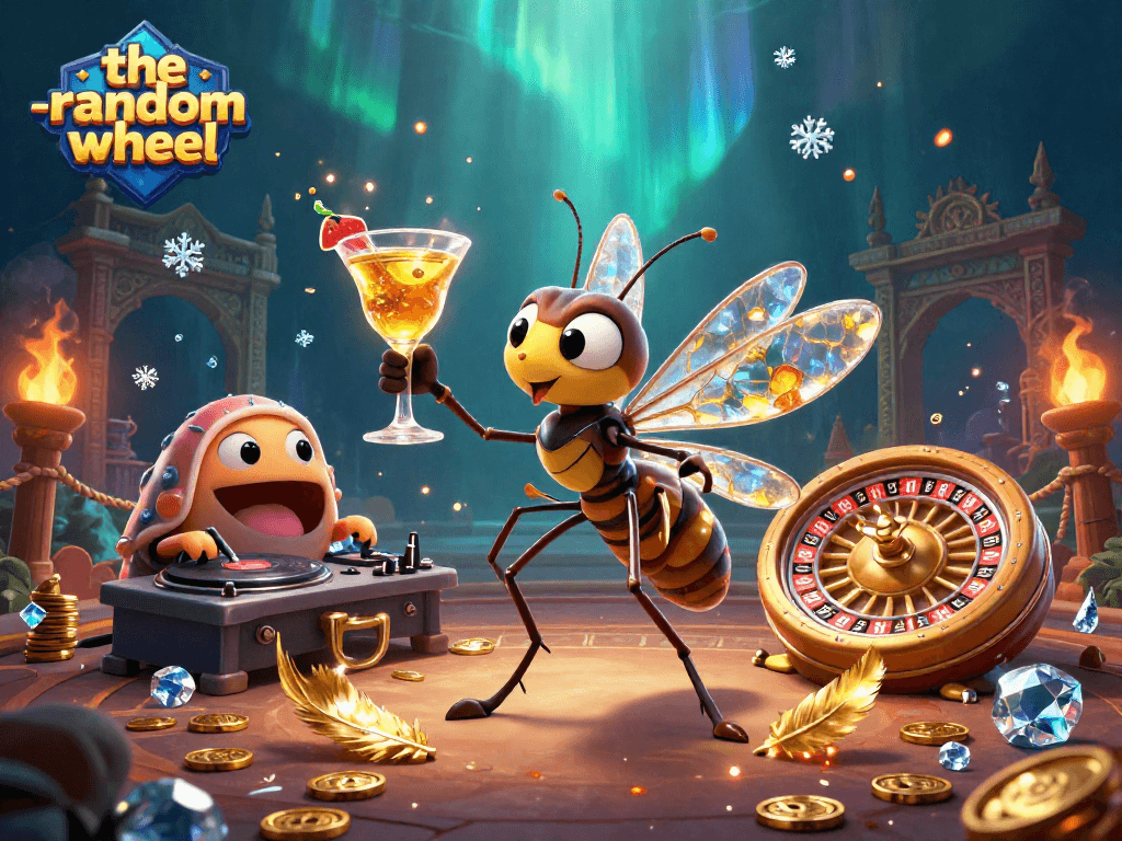 Engage with the-random-wheel as a playful mascot amidst a vibrant casino setting.