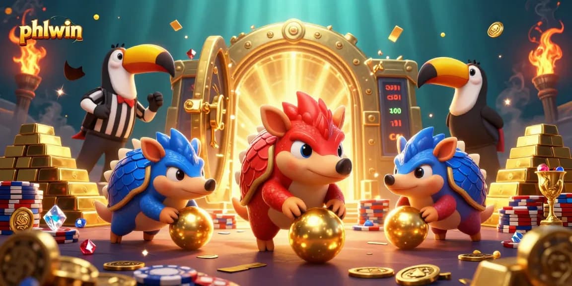 Experience the excitement of phlwin with pangolins bowling through poker chips in a vibrant casino scene.