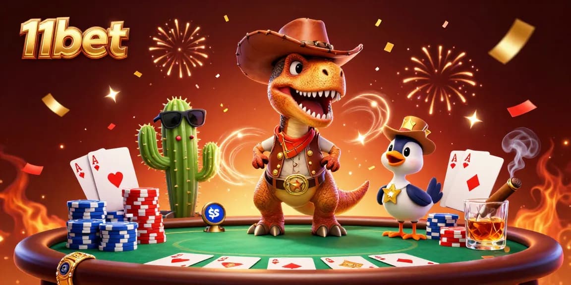 Engage with the 11bet casino experience featuring a vibrant 3D cowboy dinosaur, poker thrills, and festive elements.