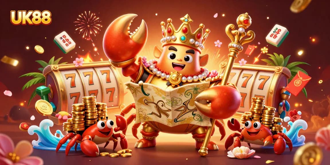 Experience the vibrant gaming world at UK88 with a rich 3D scene of a golden crab emperor and lucky symbols.