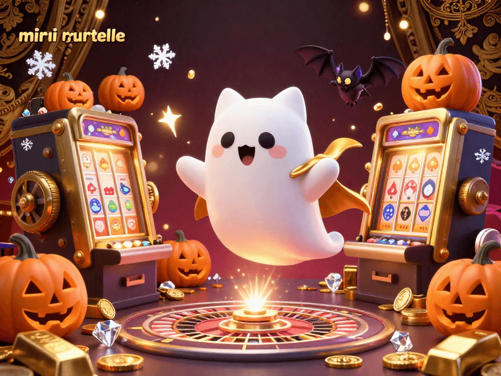 Experience thrilling mini-roulette gameplay with a friendly ghost cat and a vampire bat in a vibrant casino atmosphere.