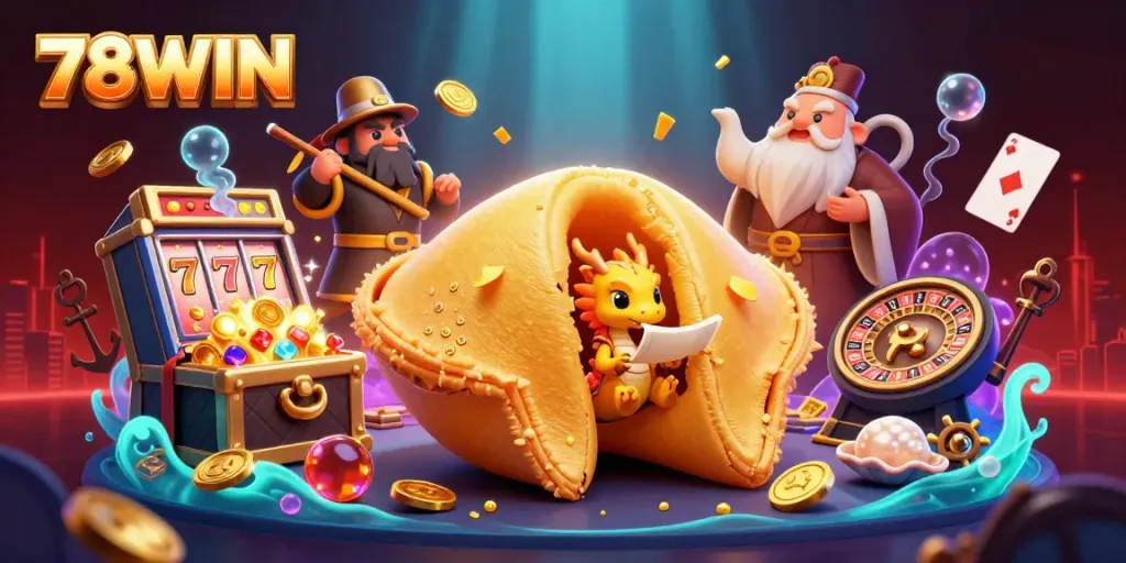 Experience thrilling gameplay with 78WIN's vibrant 3D illustration of casino excitement and adventure.