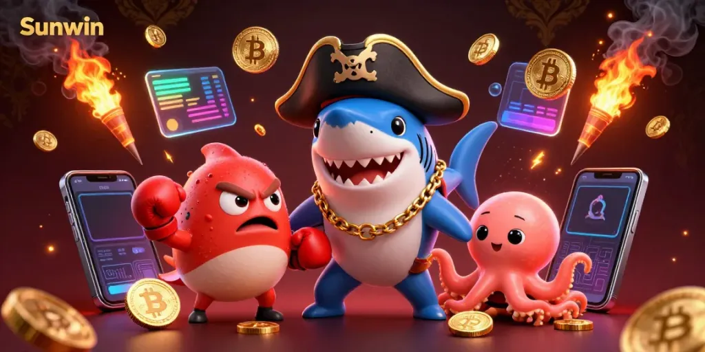 Experience the excitement of Sunwin with a playful shark, pufferfish, and octopus in a colorful casino scene.