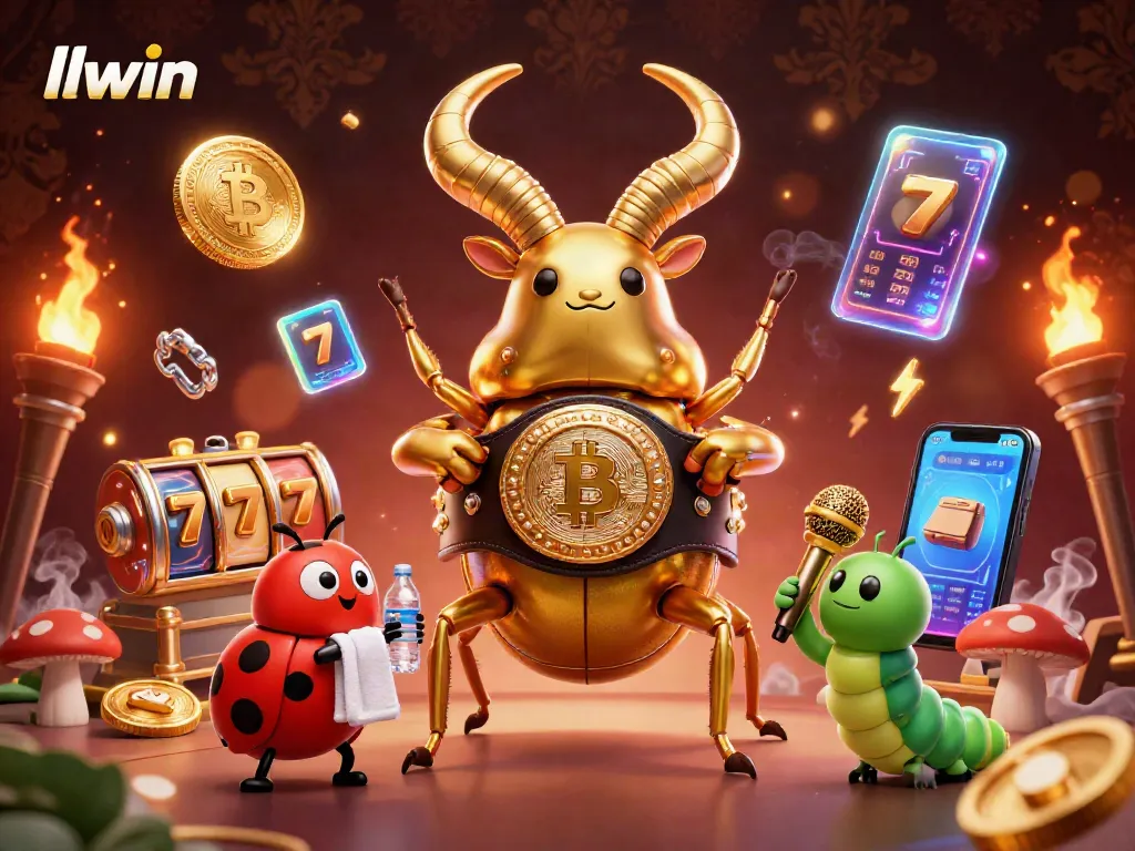llwin slots action with a giant golden stag beetle and ladybug corner-man in an intense 3D scene