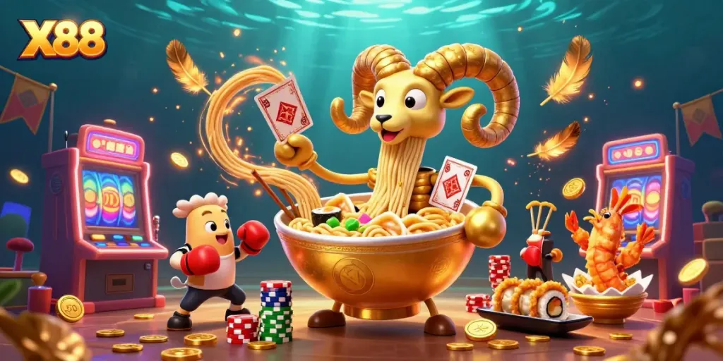X88-themed casino illustration with a giant ramen bowl, gyoza sidekick, and vibrant gaming elements.