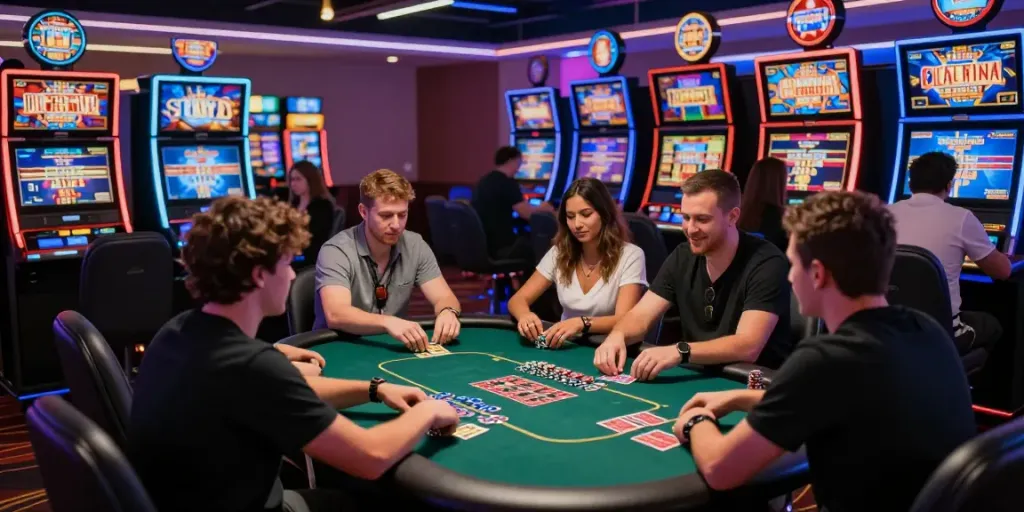 Exciting casino atmosphere with players enjoying Link Alternatif Vegas88 in vibrant neon lighting.