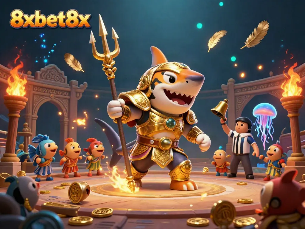 Experience thrilling betting adventures with the 8xbet8x-themed underwater colosseum scene featuring a tiger shark and vibrant casino elements.
