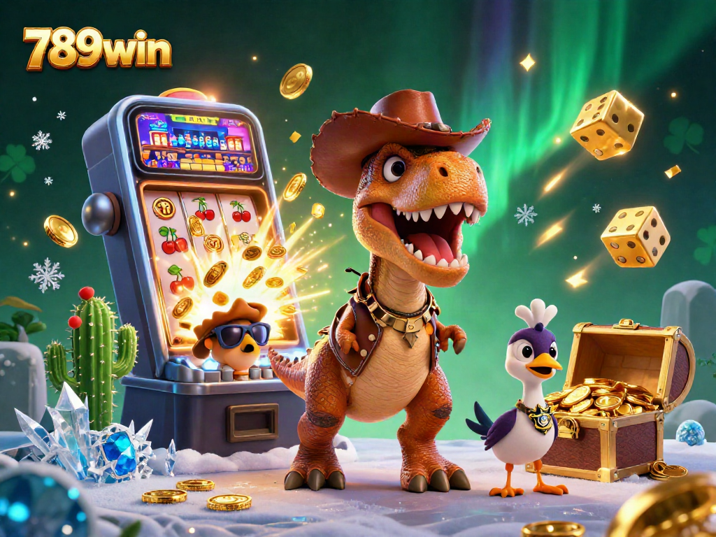 Win big with 789win as T-Rex, a cactus and roadrunner soar amidst dynamic casino excitement.