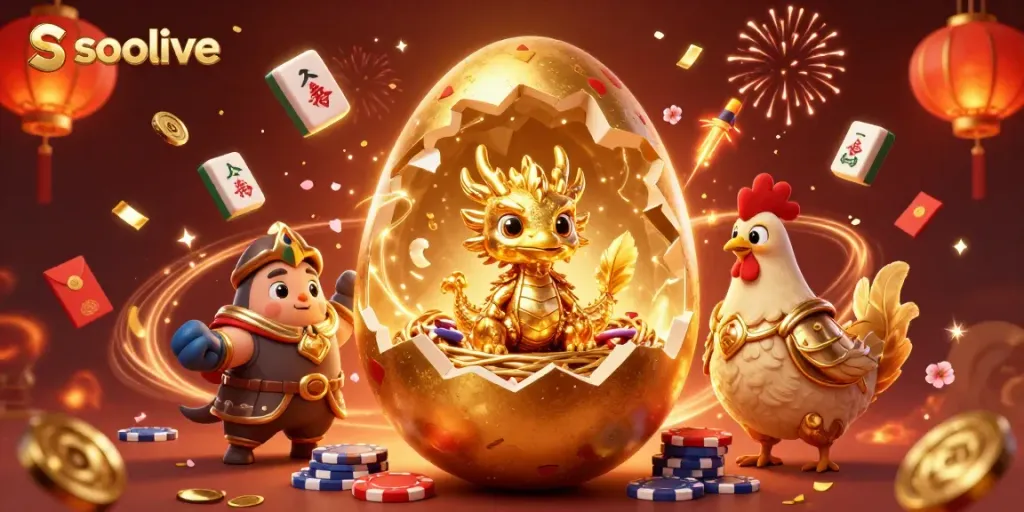 Socolive showcases a majestic golden dragon with poker chips amidst festive decorations, emphasizing thrilling online gaming.