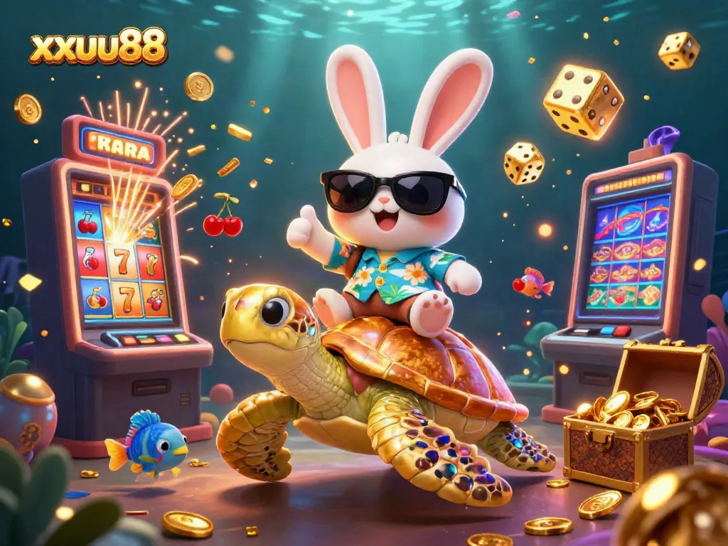 Experience the vibrant xxuu88 casino adventure with a whimsical rabbit on a golden turtle amidst a slot machine explosion.