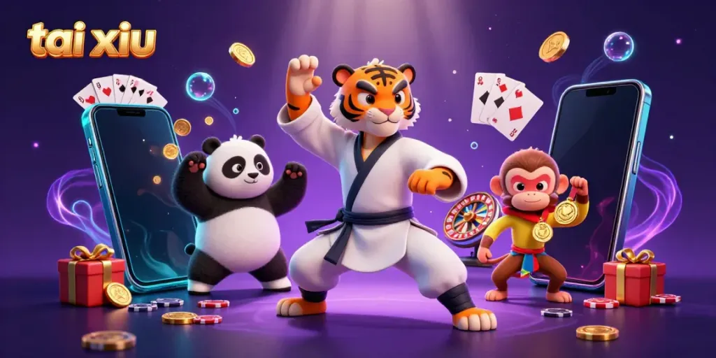 Experience excitement with tai xiu as a kung fu tiger teaches winning strategies amidst rich casino elements.