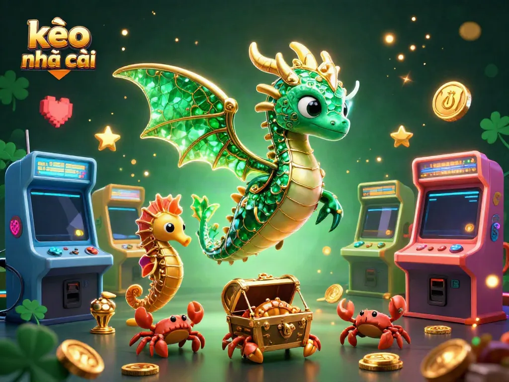 Engage with kèo nhà cái in a vibrant scene featuring a mystical sea dragon and treasure, surrounded by colorful gaming elements.