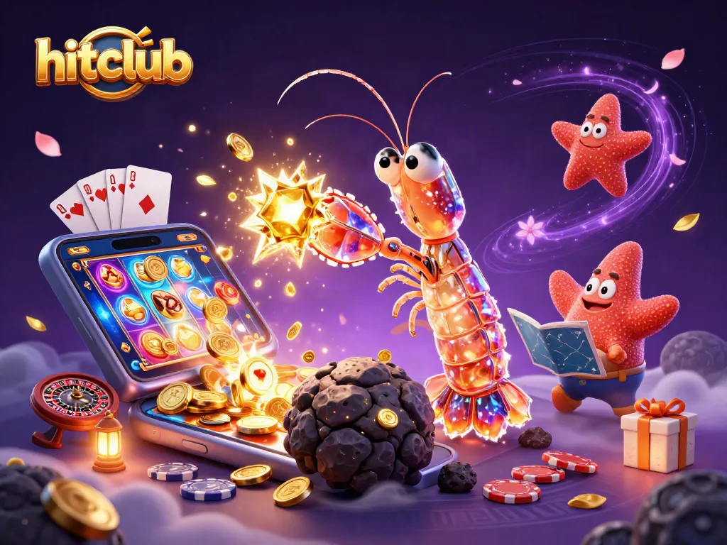 Explore hitclub's thrilling gaming experience with a vibrant 3D illustration featuring casino elements.