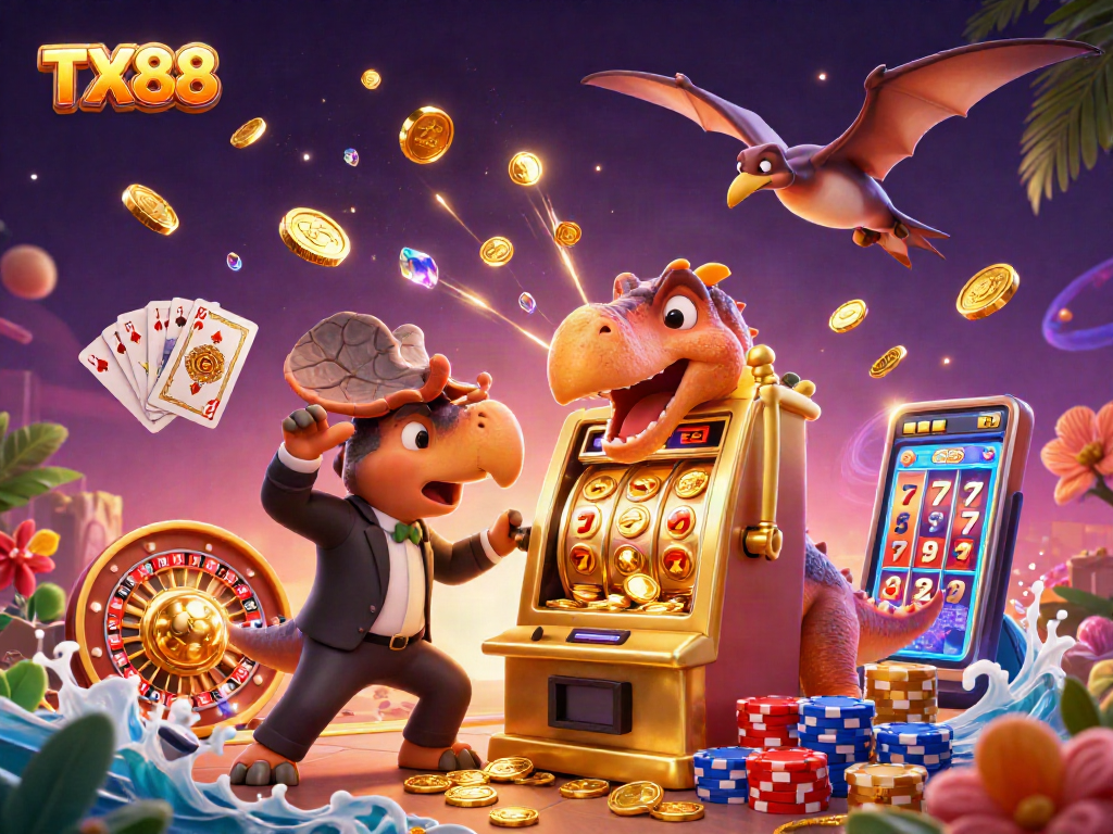 TX88 jackpot action with cartoon dinosaurs, golden coins, and casino elements