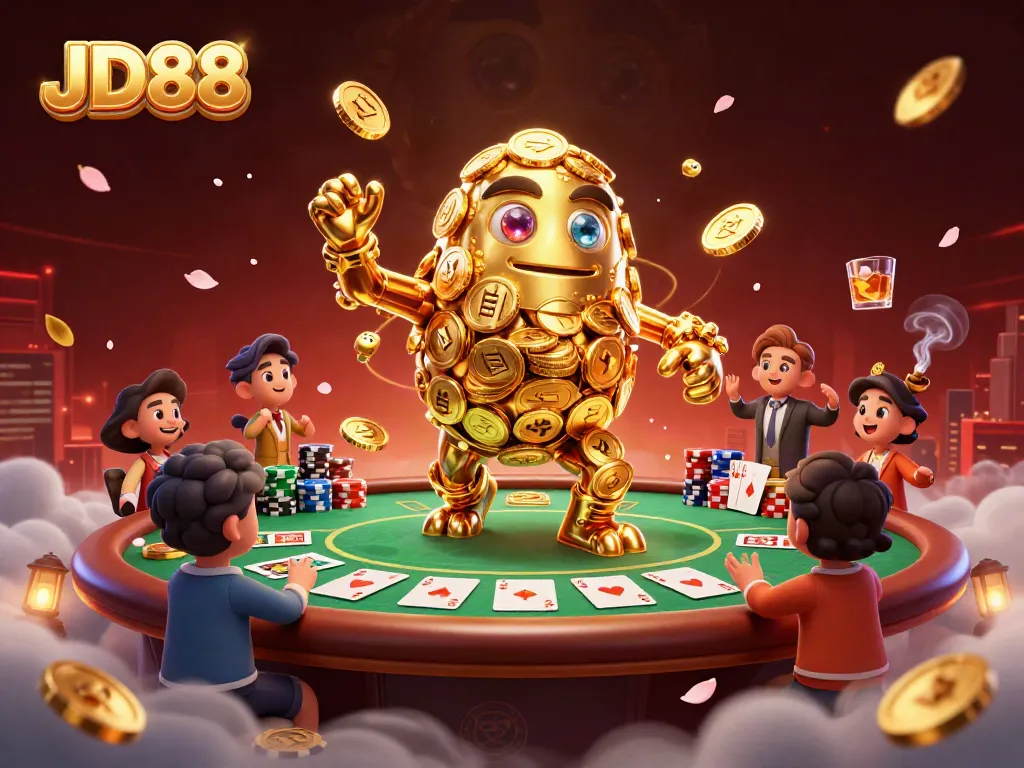 Engage in thrilling gaming at JD88 with a mesmerizing golden golem surrounded by poker elements.