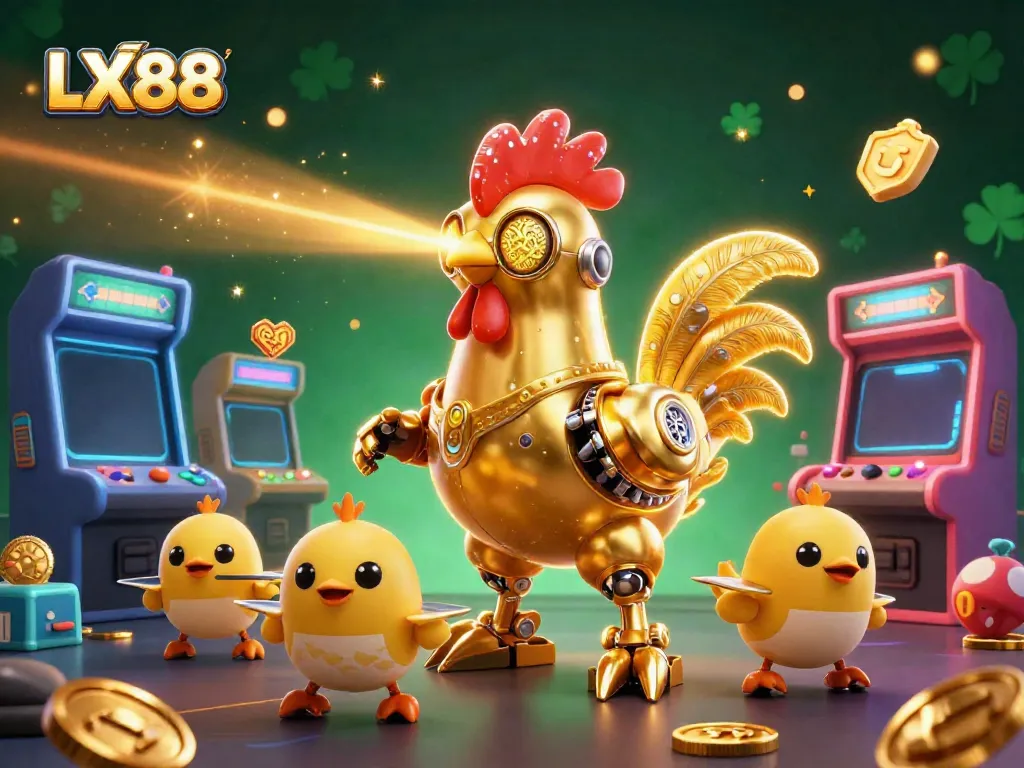 Experience the thrill of LX88 with a futuristic golden rooster robot and baby chick drones in a vibrant casino scene.