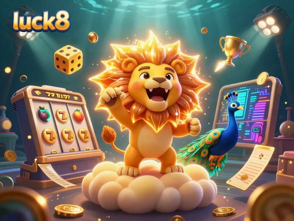 Spin slots and win prizes with luck8 in a vibrant casino-themed scene featuring dynamic game elements.