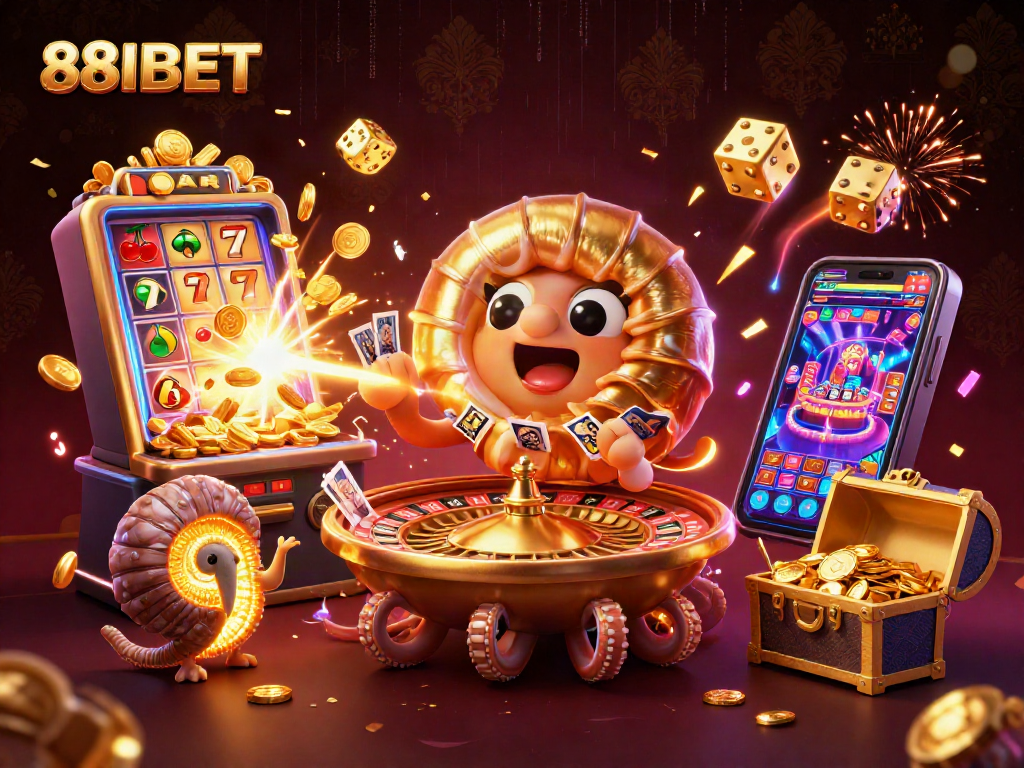 Experience 88IBET's exciting casino atmosphere with a colorful scene of winnings and games.
