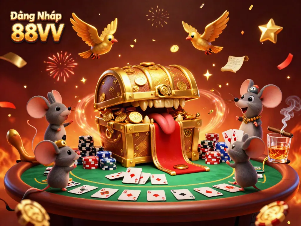 Immerse in the world of Đăng Nhập 88VV where the golden treasure chest attracts adventurer mice amid vibrant casino elements.