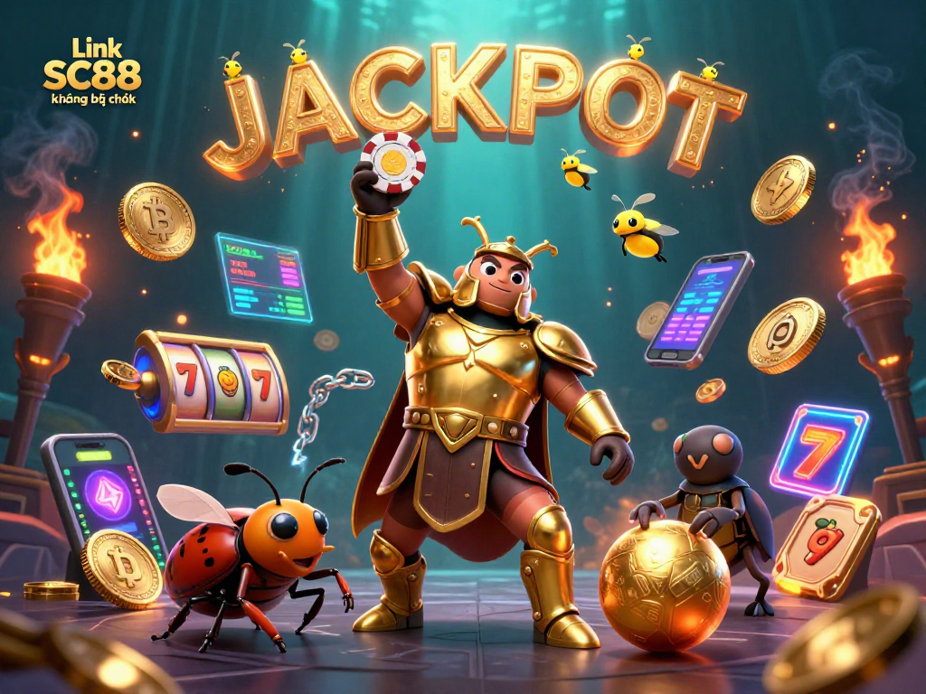 Experience excitement at Link SC88 không bị chặn with a vibrant jackpot scene featuring crypto coins and dynamic game symbols.