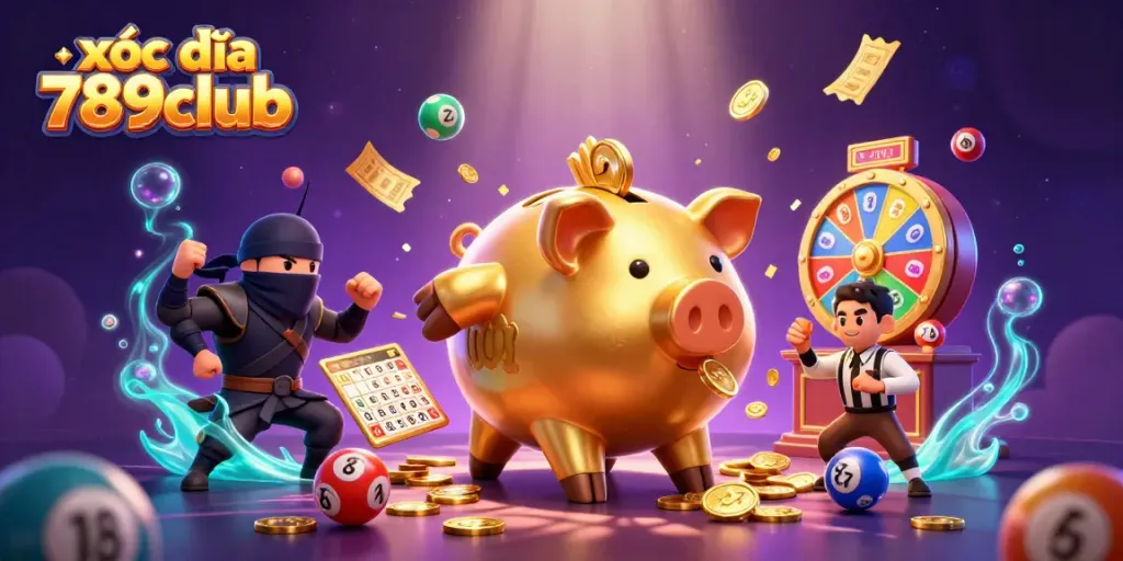 Experience the excitement of xóc đĩa 789club with a golden piggy bank sumo wrestler surrounded by vibrant gaming elements.
