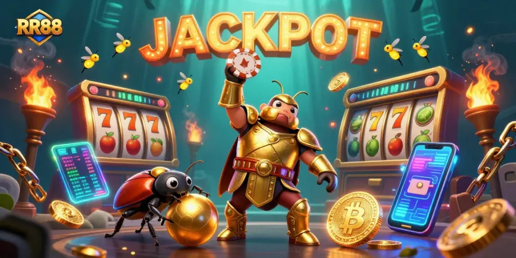 RR88 players enjoy jackpot wins with golden armor beetle characters celebrating in a vibrant casino scene.