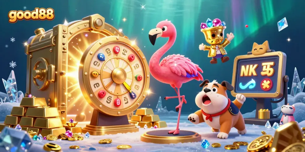 Spin the giant prize wheel at good88 for exciting casino prizes with festive characters and treasures!