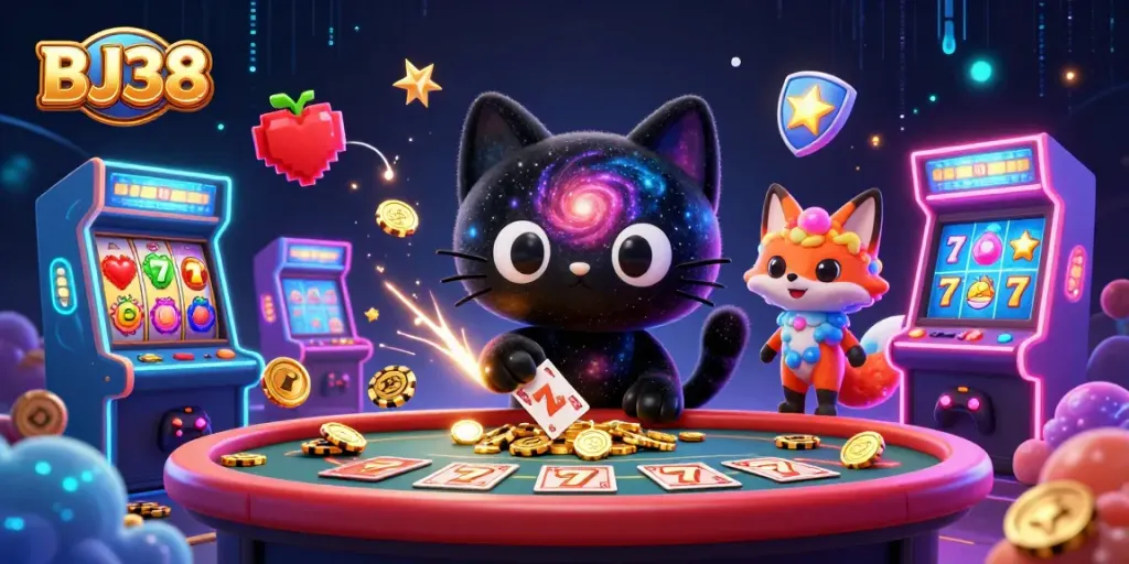 BJ38 analyzes winning strategies while gambling at a cosmic casino table with vibrant slot reels.