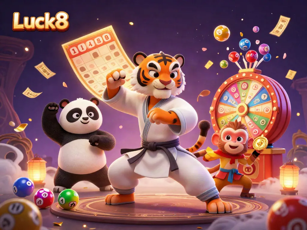 Luck8 highlights vibrant cartoon casino scene with a kung fu tiger master, colorful lottery elements, and energetic atmosphere.