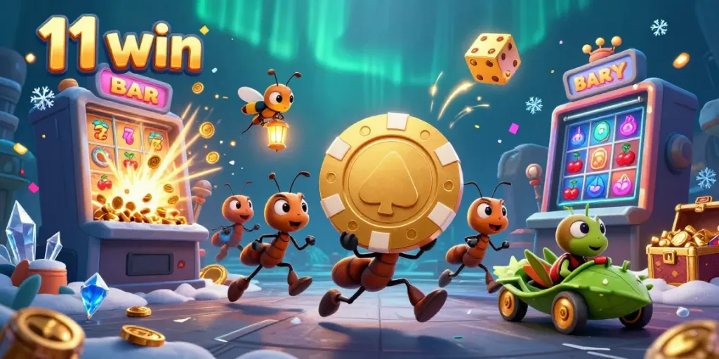 Experience the thrill of 11 win's casino adventure with our playful heist scene featuring dynamic characters and vibrant casino elements.