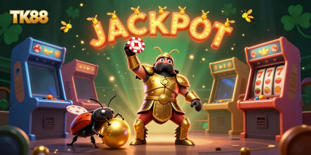 TK88 champions celebrating a jackpot with vibrant slots and gaming elements in the background.