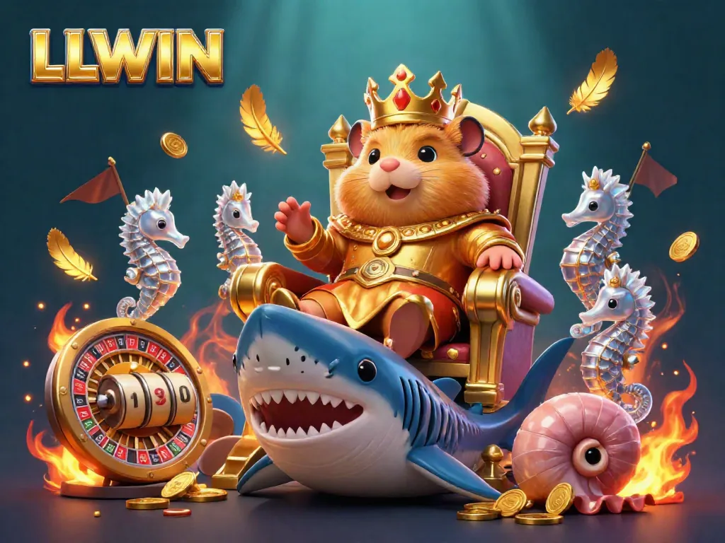 Experience thrilling gameplay at LLWIN with a vibrant 3D scene featuring a golden hamster king and casino elements.