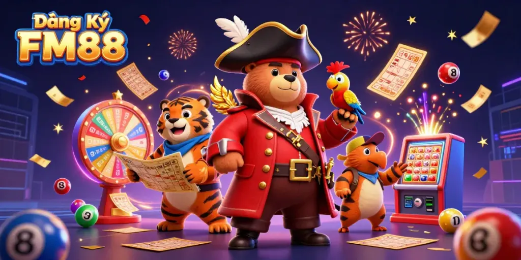 Play games and win big at Đăng Ký FM88 with dynamic lottery elements and vibrant characters.