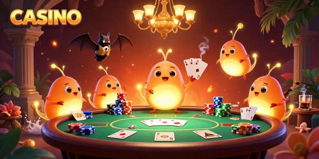 Glimpse the vibrant atmosphere in a casino as glowworms light the card table and chandeliers.