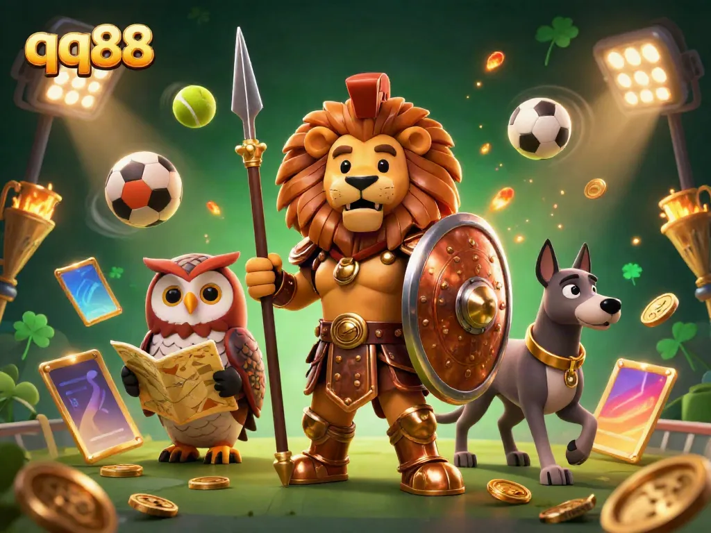 Experience the thrill of winning at qq88 with a heroic Spartan lion and dynamic sports elements ready for action.
